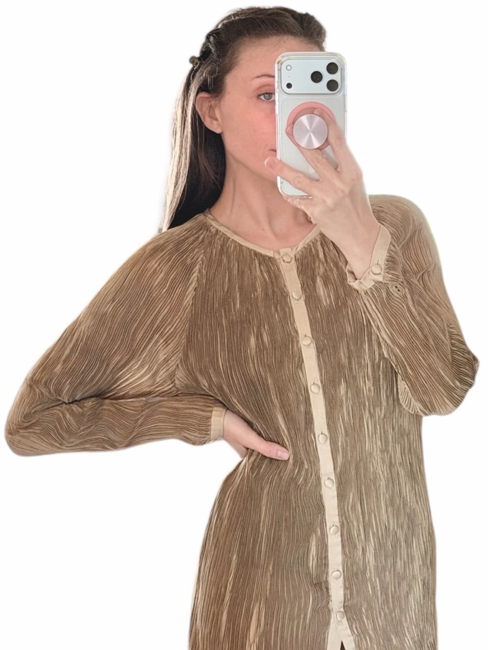 Joan McGee Pleated Plisse Satin Button Down Blouse Gold Crinkle Top L